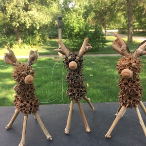 Set of Three Natural Sweetgum Reindeer Christmas Ornament or Decoration