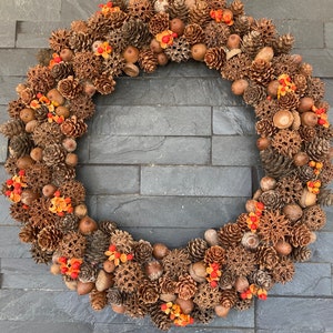 Acorn, sweet gum, pine cone and bittersweet wreath or centerpiece.  Fall wreath or decoration.  Natural wreath.