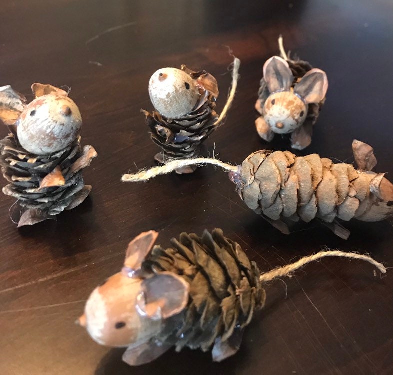 Set of three small pine cone and acorn mice. Ornaments or Etsy