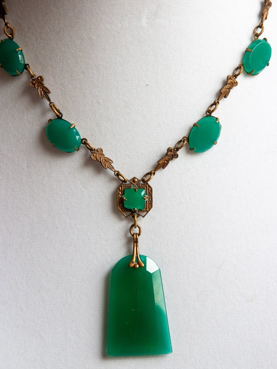 ANTIQUE Green Chrysoprase Glass & Brass Necklace … - image 2
