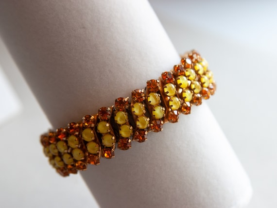 Yellow BEAD & RHINESTONE BRACELET - Late 1950s, E… - image 1