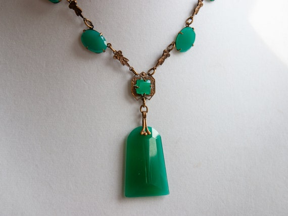 ANTIQUE Green Chrysoprase Glass & Brass Necklace … - image 3