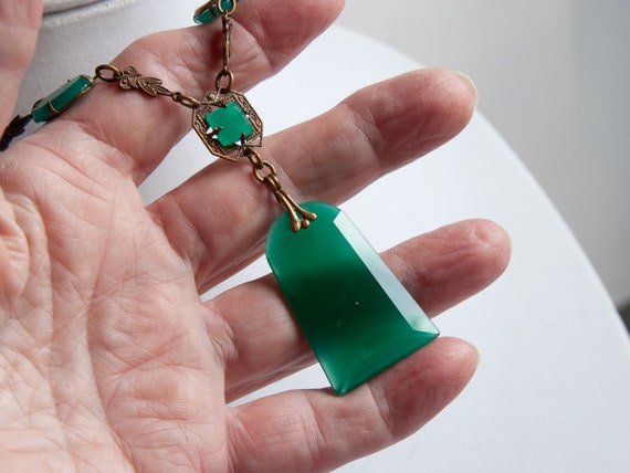 ANTIQUE Green Chrysoprase Glass & Brass Necklace … - image 4