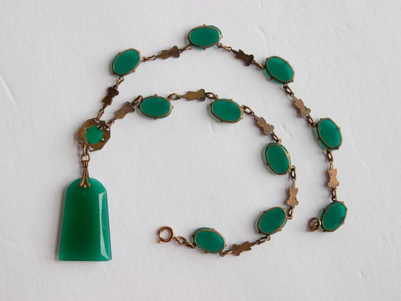 ANTIQUE Green Chrysoprase Glass & Brass Necklace … - image 6