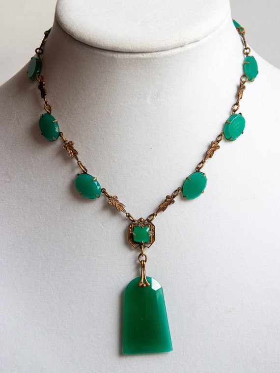 ANTIQUE Green Chrysoprase Glass & Brass Necklace -