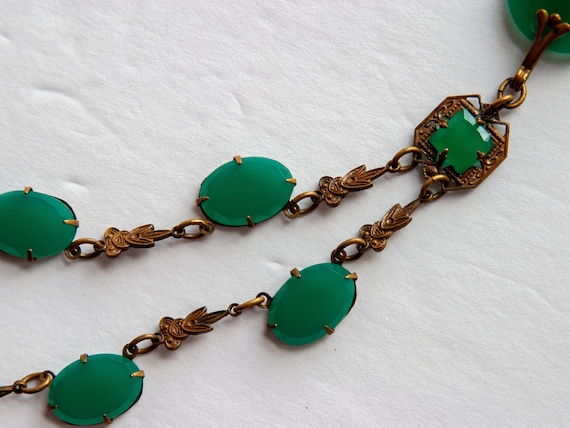 ANTIQUE Green Chrysoprase Glass & Brass Necklace … - image 9