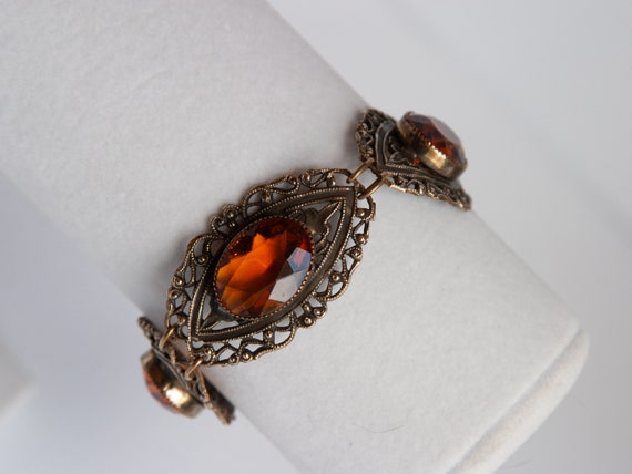 VINTAGE Filigree Brass & Citrine Glass BRACELET -… - image 2