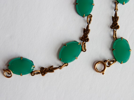 ANTIQUE Green Chrysoprase Glass & Brass Necklace … - image 7