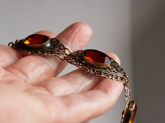 VINTAGE Filigree Brass & Citrine Glass BRACELET -… - image 8