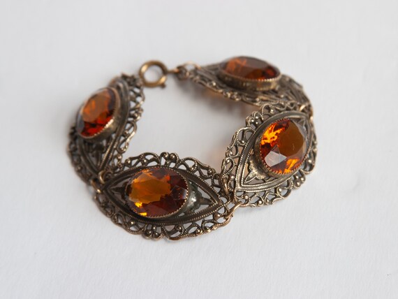 VINTAGE Filigree Brass & Citrine Glass BRACELET -… - image 5