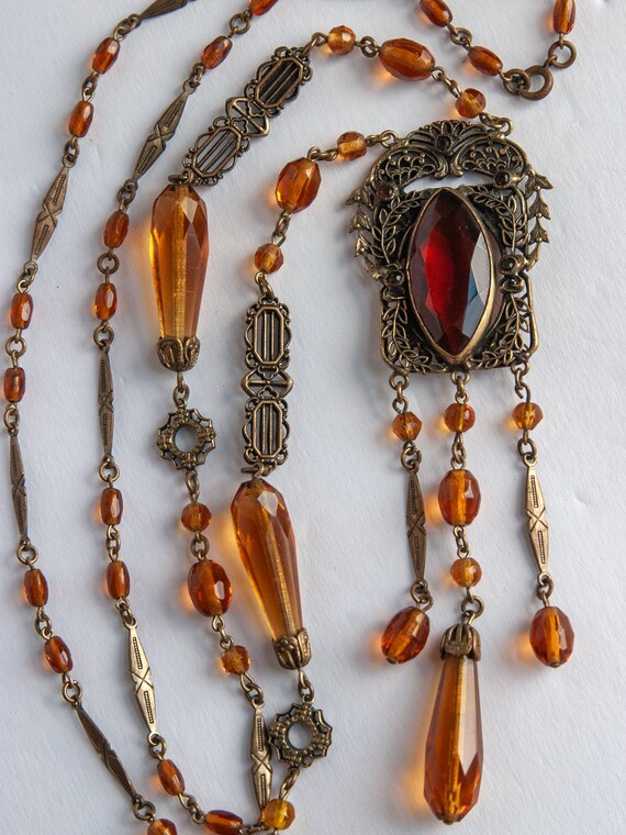 Rare!!  VINTAGE Czech Brass & Citrine Glass Beads… - image 7