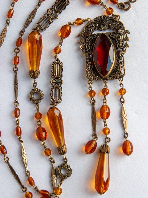 Rare!!  VINTAGE Czech Brass & Citrine Glass Beads… - image 5