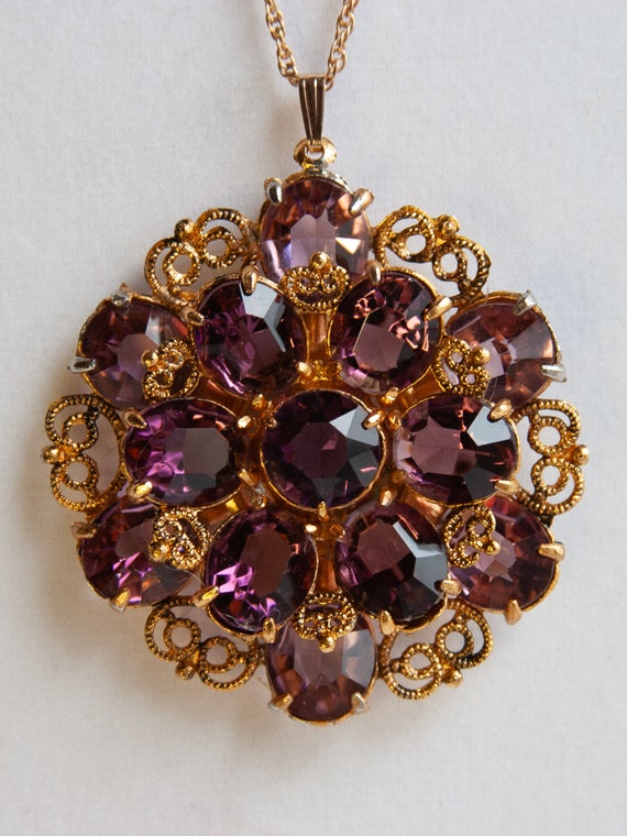 VINTAGE LONG Filigree & Purple Crystal Medallion … - image 3