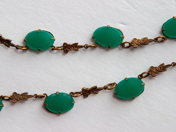 ANTIQUE Green Chrysoprase Glass & Brass Necklace … - image 8