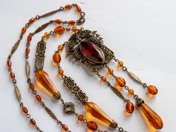 Rare!!  VINTAGE Czech Brass & Citrine Glass Beads… - image 1