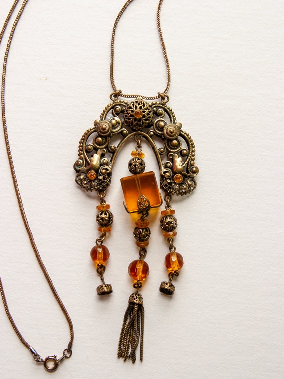 ANTIQUE Brass & CITRINE Glass Dangle Necklace - 19