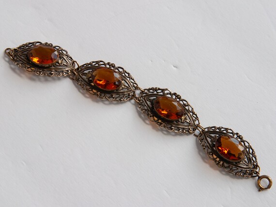 VINTAGE Filigree Brass & Citrine Glass BRACELET -… - image 3