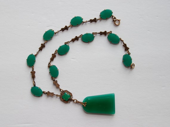 ANTIQUE Green Chrysoprase Glass & Brass Necklace … - image 5