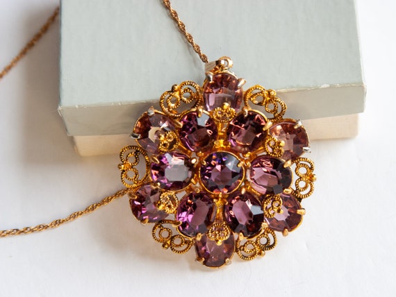 VINTAGE LONG Filigree & Purple Crystal Medallion … - image 6