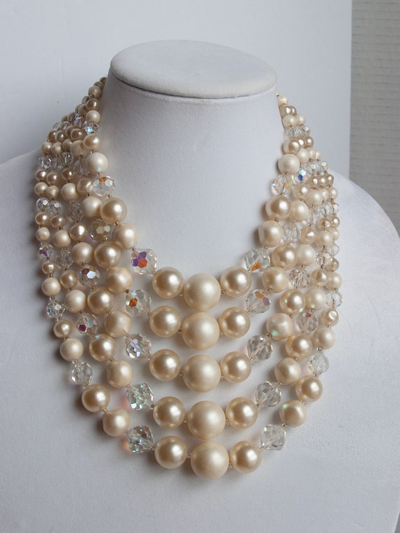 VINTAGE Sumptuous Pearl & Crystal 5-strand NECKLAC