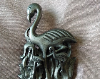 Vintage Pewter Flamingo Brooch and Matching Earrings