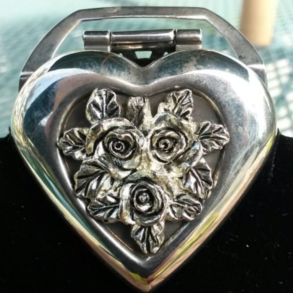 Vintage 80s Silverplate Heart-shape Rose Compact Scarf Clip Combo
