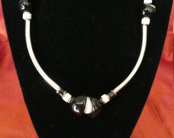 Vintage Silver Tone Black and White Enamel Choker With Hook and Eye Clasp