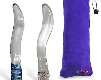 LeLuv Glass Dildo Alien Tongue Pointy Tip with Curves and Textured Flat Base in Embroidered Padded Pouch