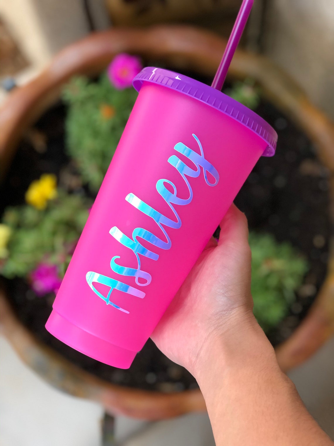 Personalized Cups with Straws Holographic Color Changing Cup Etsy