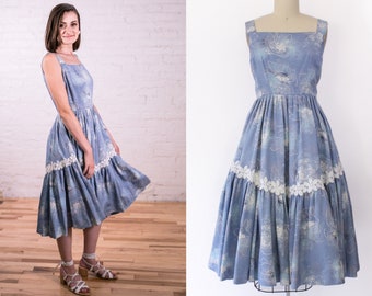 Vintage 1950s Floral Circle Skirt Dress Size SMALL 26" Waist Tiered Skirt Ruffle Applique Blue White Sun Dress Cupcake Dress