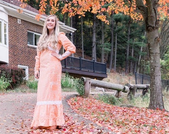 Vintage 70s Prairie Dress Orange Size Medium Puff Sleeve Lace Long Sleeve Ruffle Bohemian Millicent of California