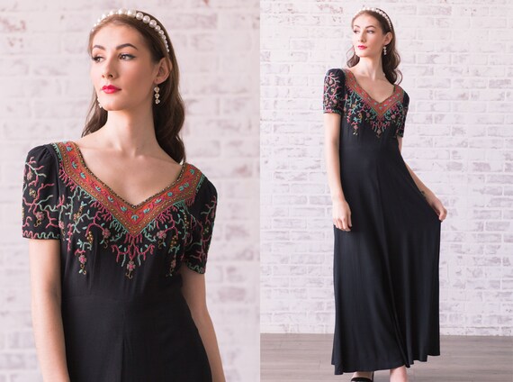 1930s 1940s Puff Sleeve Heavily Beaded Gown Size M