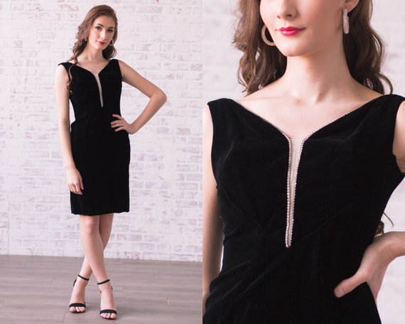 Vintage 1950s 1960s Velvet Sheath Dress Rhinestone