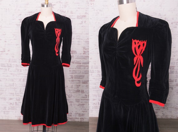 Vintage 1940s Dress / 40s Dress / Waist 25" / Bla… - image 1