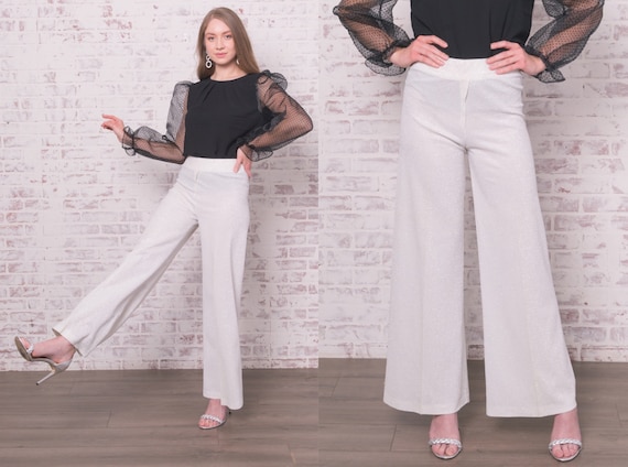 Deadstock 70s Silver Lurex Flare Pants 27" - 28" … - image 1