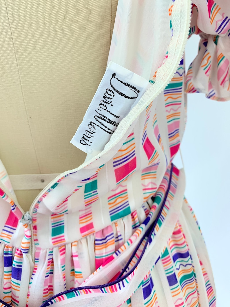 Vintage Puff Sleeve Dress Rainbow Stripe 1980s 26 Inch Waist 1980s David Morris Striped