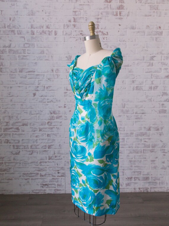 1950s Blue Rose Print Wiggle Dress size XS 24 - 2… - image 5