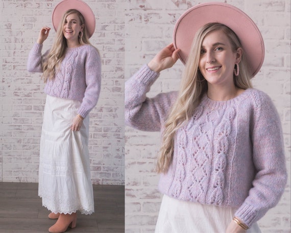 Vintage Pastel Hand Knit Sweater Medium Lavender Rain… - Gem