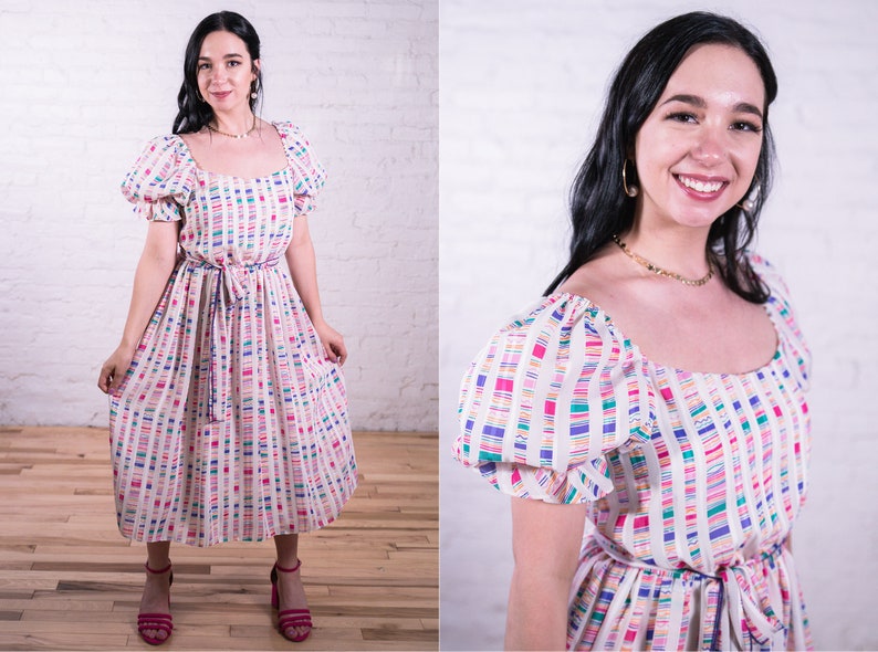 Vintage Puff Sleeve Dress Rainbow Stripe 1980s 26 Inch Waist 1980s David Morris Striped