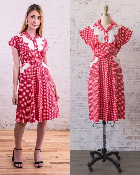 1940s 1950s Polka Dot Shirt Dress 26 - 27” Waist … - image 1