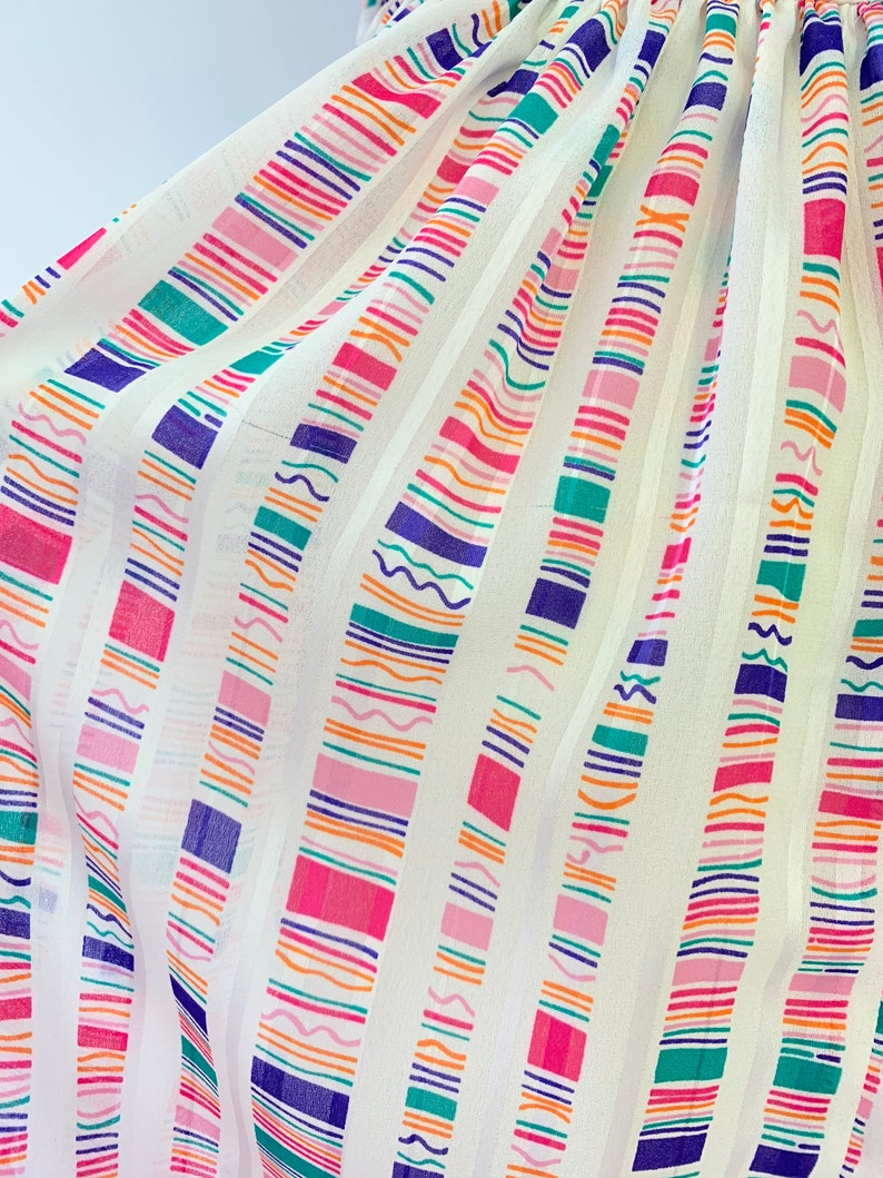 Vintage Puff Sleeve Dress Rainbow Stripe 1980s 26 Inch Waist 1980s David Morris Striped