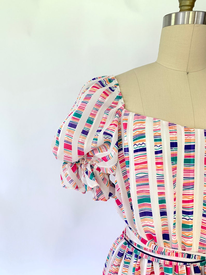 Vintage Puff Sleeve Dress Rainbow Stripe 1980s 26 Inch Waist 1980s David Morris Striped