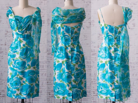 1950s Blue Rose Print Wiggle Dress size XS 24 - 2… - image 1