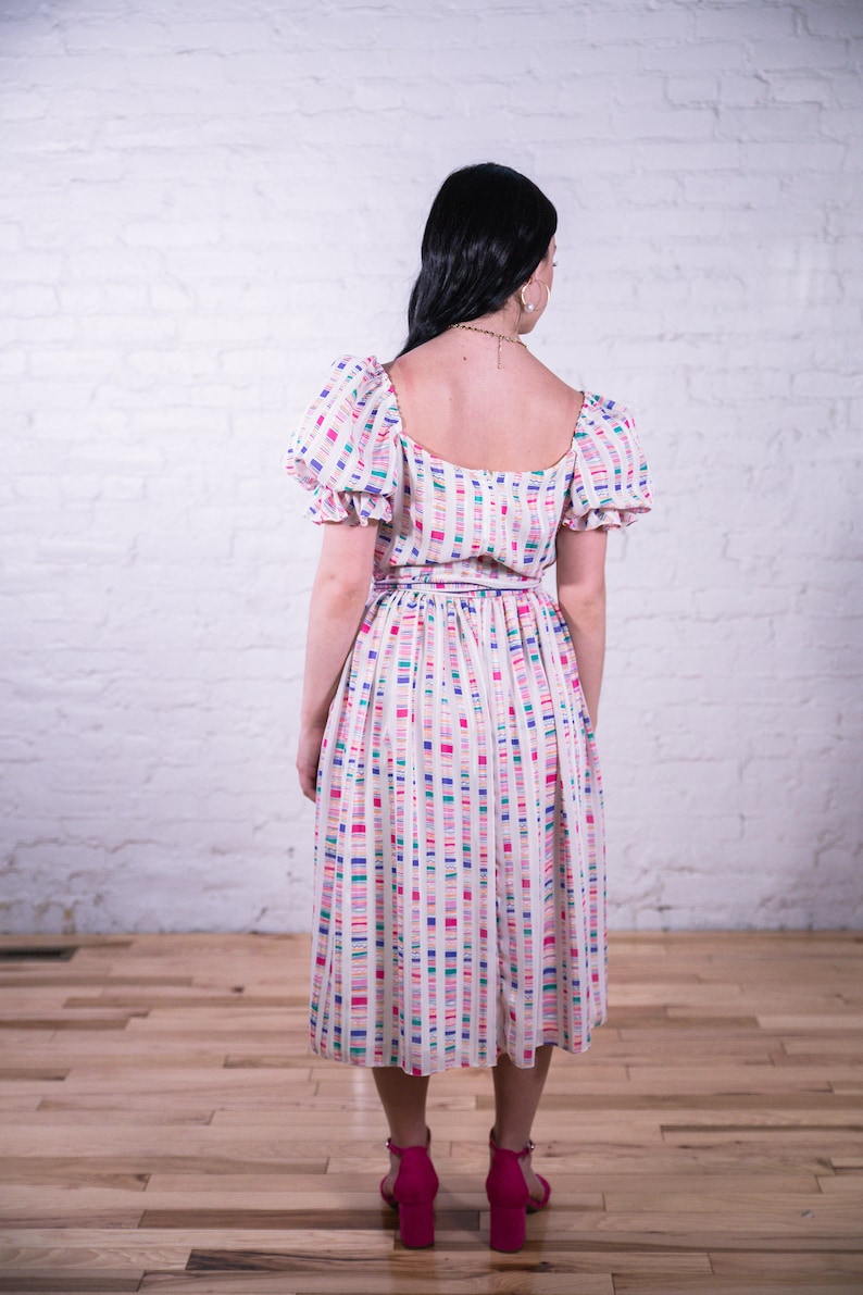 Vintage Puff Sleeve Dress Rainbow Stripe 1980s 26 Inch Waist 1980s David Morris Striped