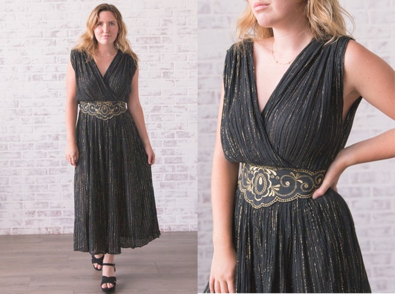 Vintage 1970s Grecian Gauze Metallic Lurex Dress X