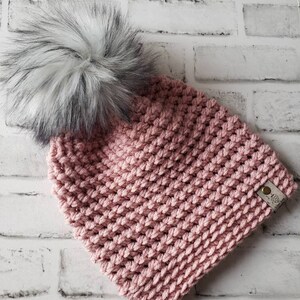 Adult size crochet hat in light pink with pom. Crochet beanie, crochet winter hat