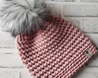 Adult size crochet hat in light pink with pom. Crochet beanie, crochet winter hat