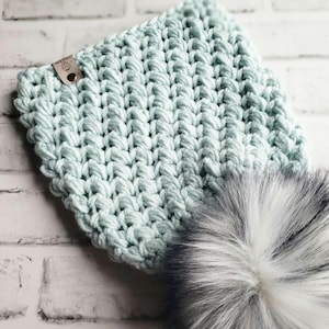 May include: A light blue crocheted beanie with a white and black faux fur pom pom.