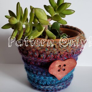 May include: A crocheted plant pot cover in shades of blue, purple, and red with a brown heart-shaped button. The pot cover is on a terracotta pot with a succulent plant inside. The text "Pattern Only!" is written in white on the pot cover.