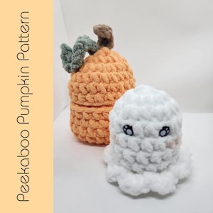 May include: A crocheted pumpkin and ghost. The pumpkin is orange with green and brown accents. The ghost is white with black and pink details. The text "Peekaboo Pumpkin Pattern" is on the left side of the image.